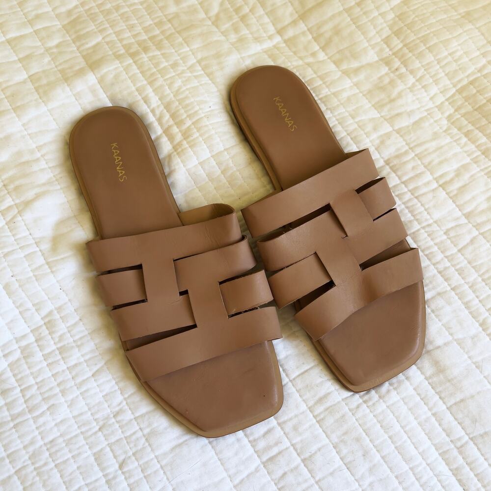Kaanas Sandals Women's 10M Tan Leather Slides Brown Summer Flats Shoes Woven